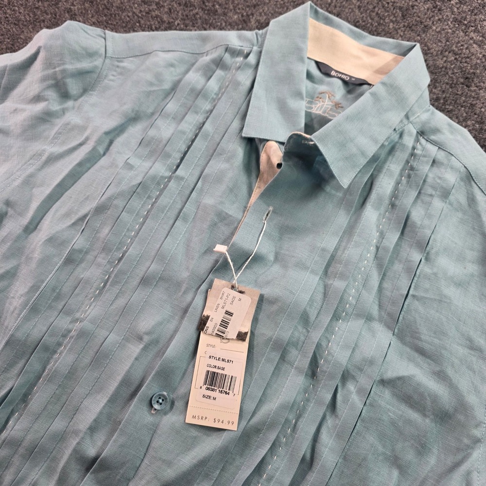 Bohio Guayabera Shirt Mens Medium Sage Green 100% Linen Short Sleeve Pleated NEW